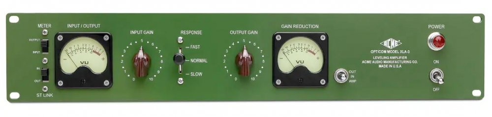 Front panel of a green audio leveling amplifier with meters, knobs, toggle switches, and brand text.
