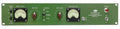 Front panel of a green audio leveling amplifier with meters, knobs, toggle switches, and brand text.
