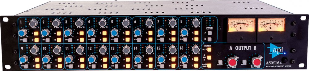Front panel of API ASM164 analog summing mixer with 16 channel controls and two VU meters.