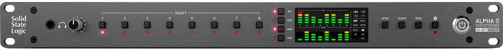 Black rackmount audio converter with buttons, knobs, LED meters, and power button labeled Alpha 8 by Solid State Logic.