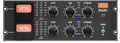 Front panel of a Mystery Magicians dual channel audio device with VU meters, knobs for filter, gain, attenuate, and power switch.