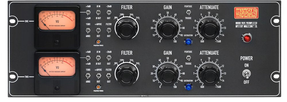 Front panel of a Mystery Magicians dual channel audio device with VU meters, knobs for filter, gain, attenuate, and power switch.