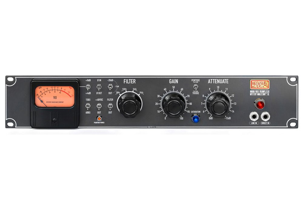 Front panel of a Mystery Magician microphone preamplifier with knobs, switches, VU meter, and input jacks.