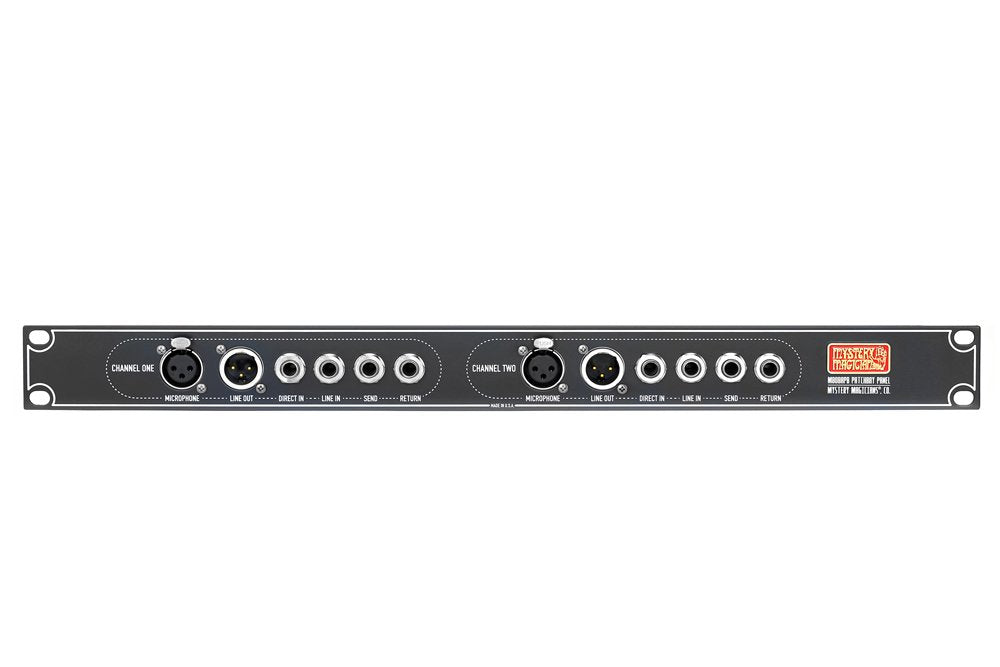 Rack panel with two channels of audio connectors including XLR and 1/4 inch jacks and control knobs.