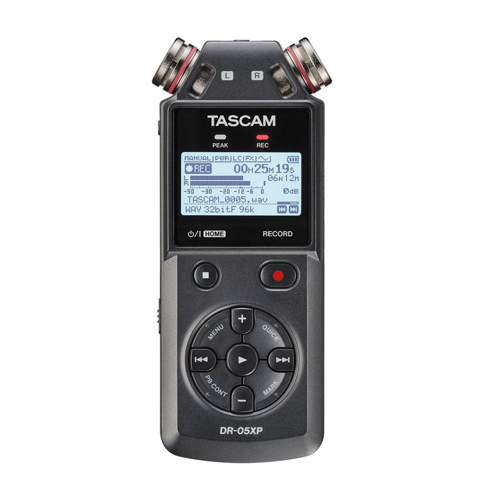 Front view of a Tascam DR-05XP portable audio recorder with built-in microphones and control buttons.