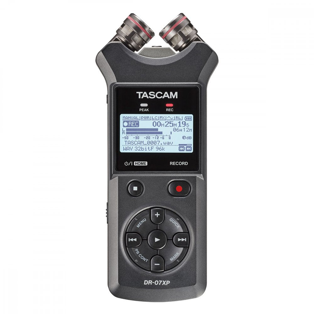 Handheld audio recording device with dual microphones, display screen, and control buttons including record and stop.