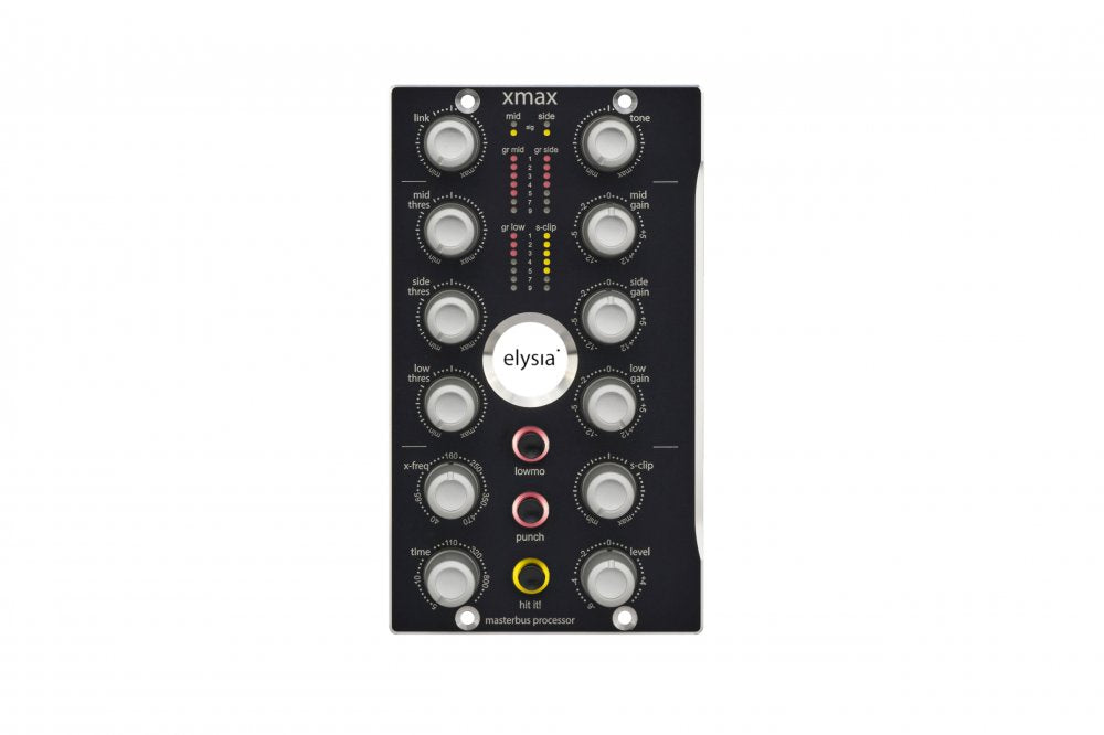 Front panel of the elysia xmax audio masterbus processor with knobs, buttons, and LED meters visible.