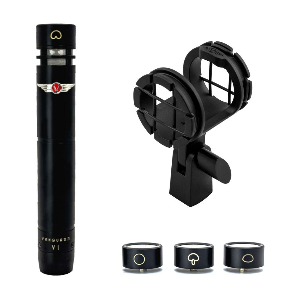 Black pencil microphone with three capsules and a microphone clip on a white background.