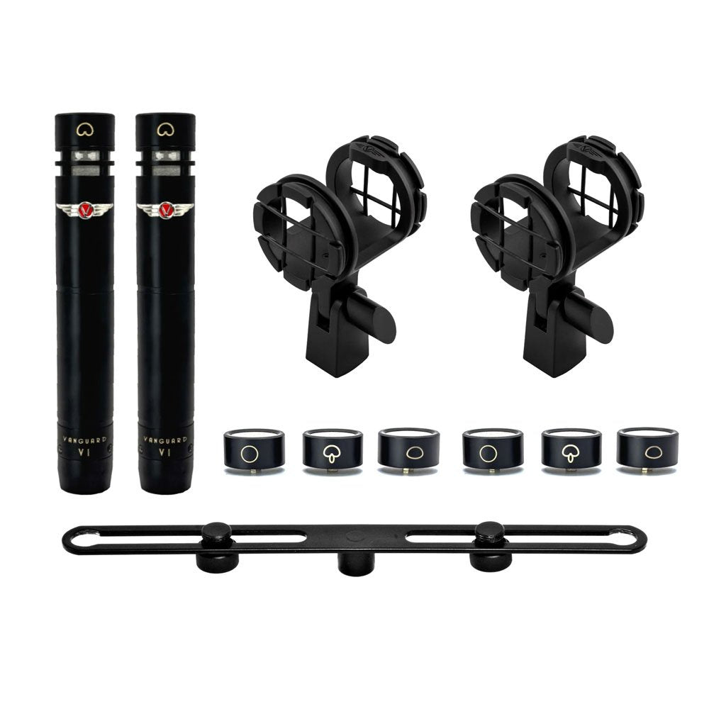 Two black pencil-style microphones with logos, two black shock mounts, six capsules, and a mounting bar are shown on a white background.