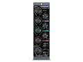 Front panel of a black audio processor module with multiple rotary knobs and toggle switches for input, output, and frequency bands.