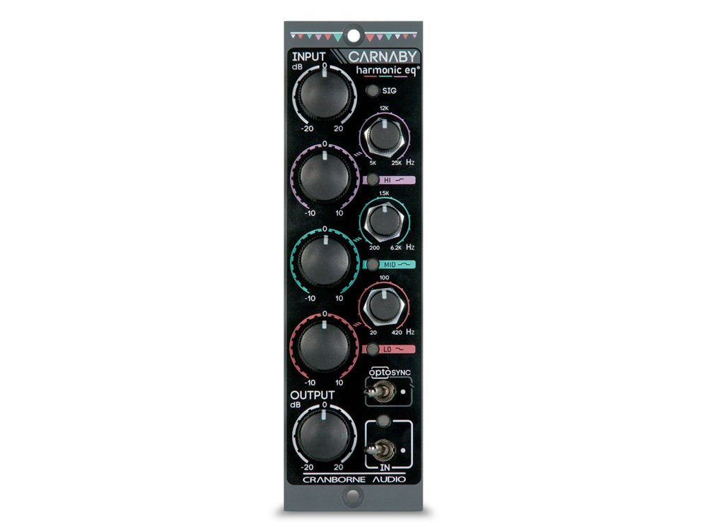 Front panel of a black audio processor module with multiple rotary knobs and toggle switches for input, output, and frequency bands.