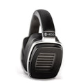 Black and silver over-ear headphones with a padded headband and mesh-like outer ear cups.