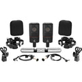 Two black studio microphones with accessories including clips, windscreens, cables, shock mounts, and a mounting bar.