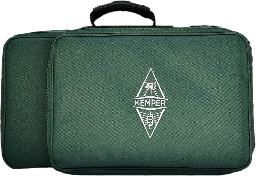 Green fabric carrying case with handle and white KEMPER logo on front