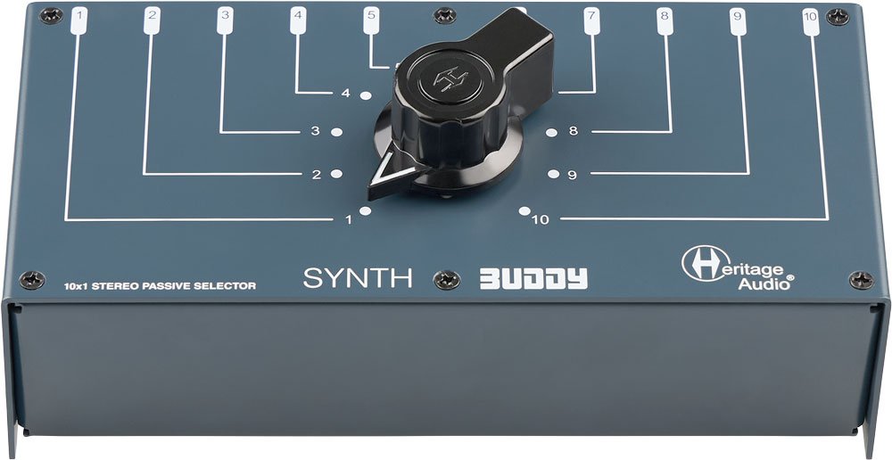 Blue metal box with a rotary dial labeled 1 to 10 for stereo passive selection with Heritage Audio branding.