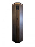 Tall hexagonal wooden tower-shaped device with an illuminated top and a label reading Days of Yore The Tower Spring Reverb.