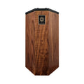 Hexagonal wooden box with a black top and a gold Days of Yore logo plaque on the front.