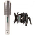 Silver cylindrical microphone with ROYER label and a black shock mount beside it.