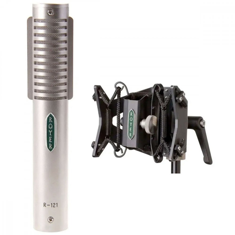 Silver cylindrical microphone with ROYER label and a black shock mount beside it.