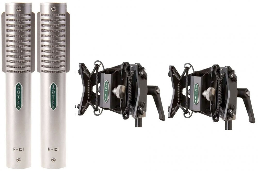 Two silver microphones and two black shock mounts with green ROYER logos on a white background.