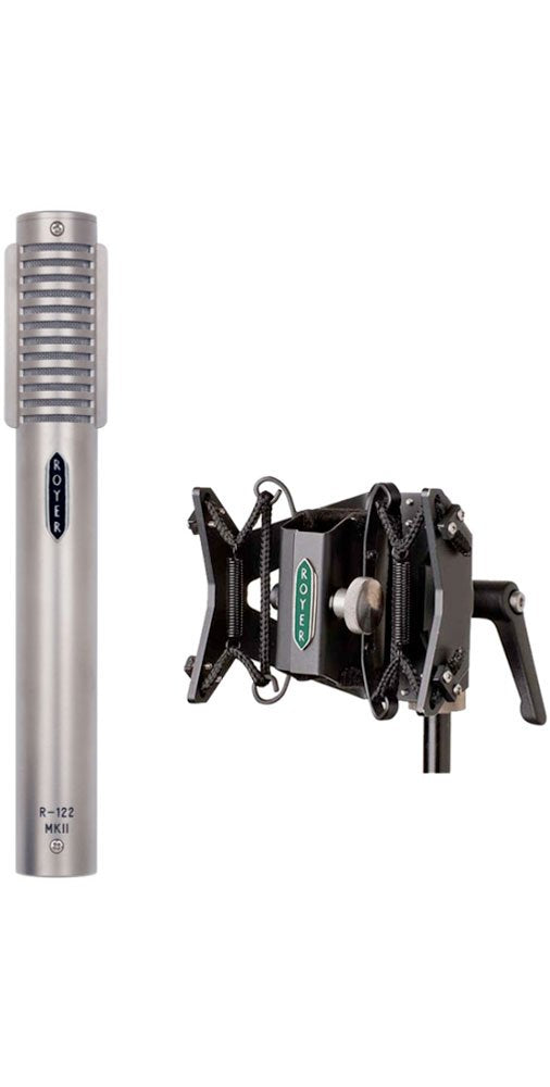Silver ROYER R-122 MKII microphone with black shock mount featuring ROYER logos on both items.