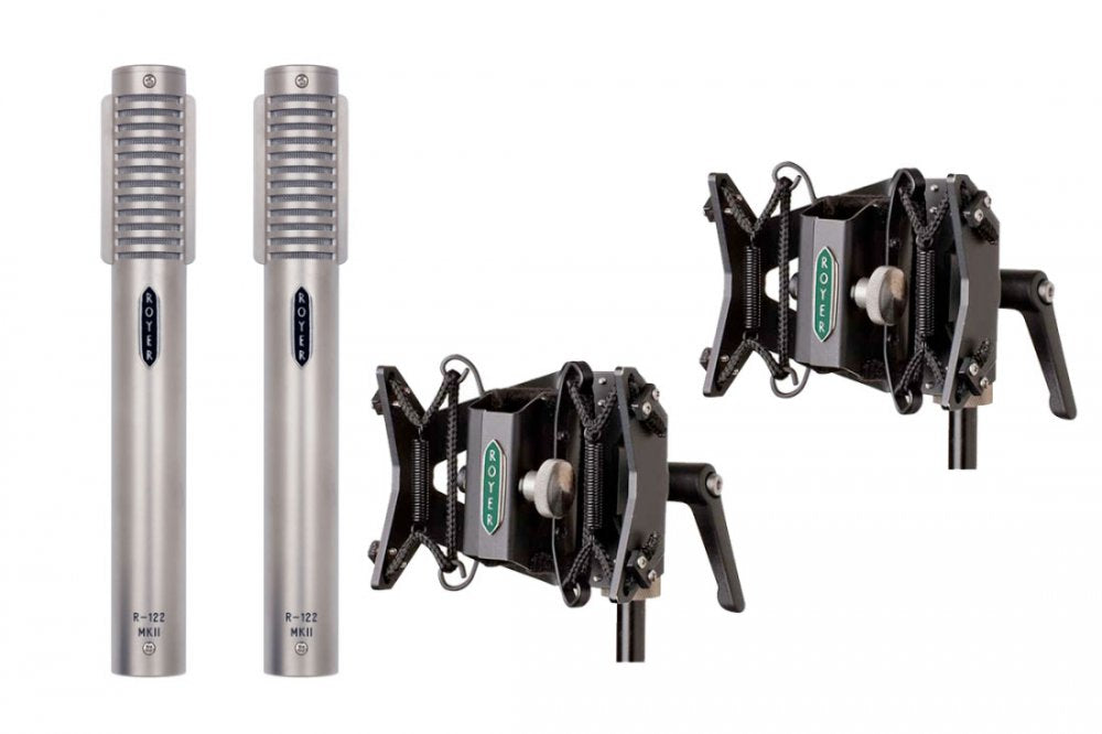 Silver pair of Royer R-122 MKII microphones with two black shock mounts on white background.