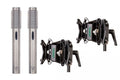 Silver pair of Royer R-122 MKII microphones with two black shock mounts on white background.