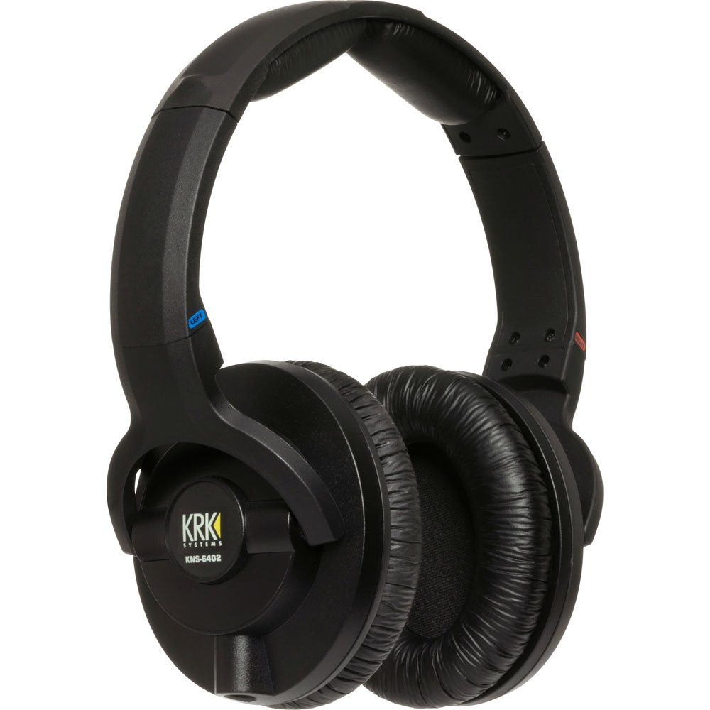 Black over-ear headphones with padded ear cups and headband, marked with KRK Systems and model KNS-6402.