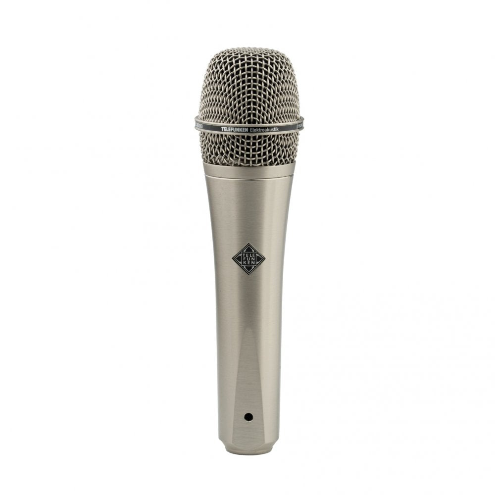 Silver metal handheld microphone with a mesh grille and TELEFUNKEN logos on the body and grille ring.
