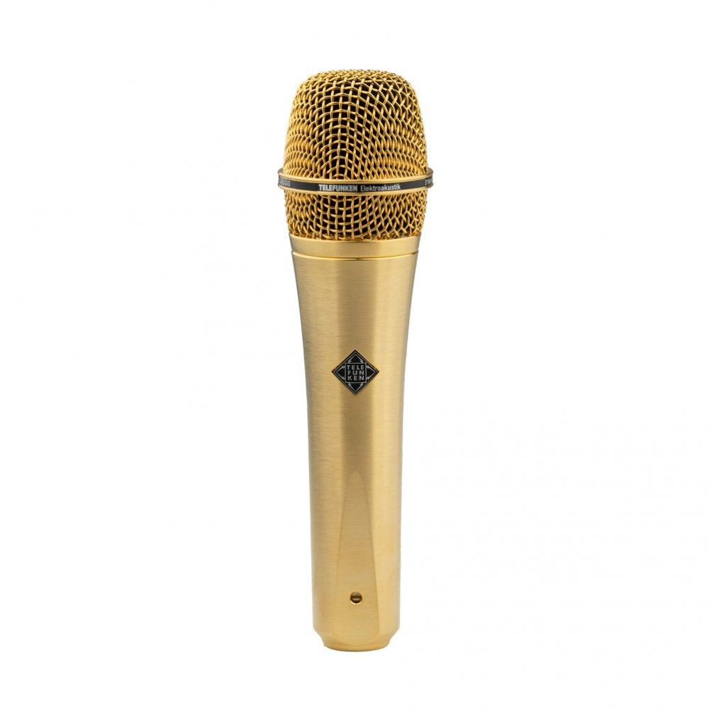 Gold-colored handheld microphone with mesh grille and TELEFUNKEN branding.