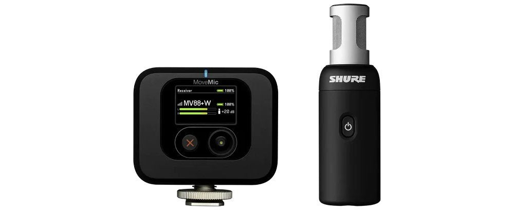Black wireless microphone receiver and transmitter with digital display and control button.