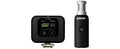 Black wireless microphone receiver and transmitter with digital display and control button.