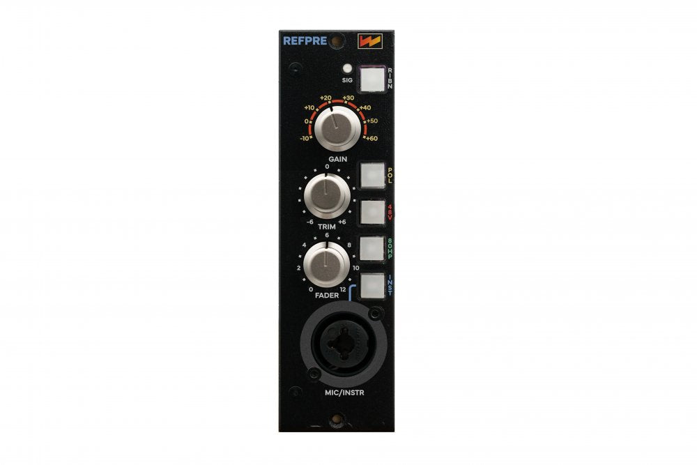 Front panel of an audio preamp module with three rotary knobs, four square buttons, and a combo mic/instrument input jack.