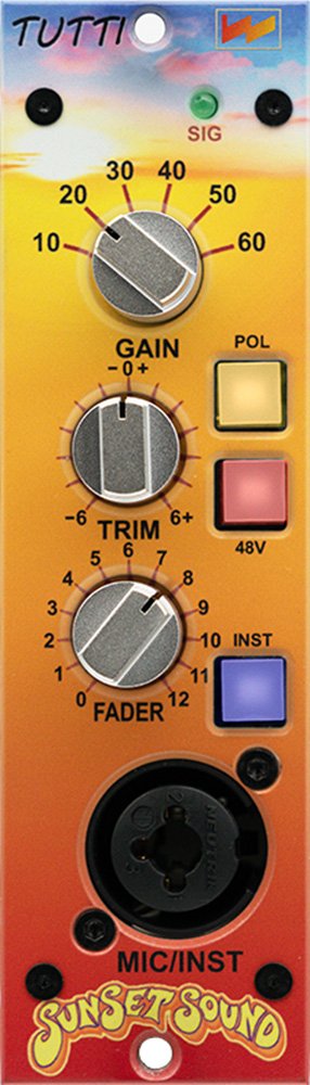 Front panel of a Sunset Sound audio device with knobs, buttons, and a combo microphone/instrument input.