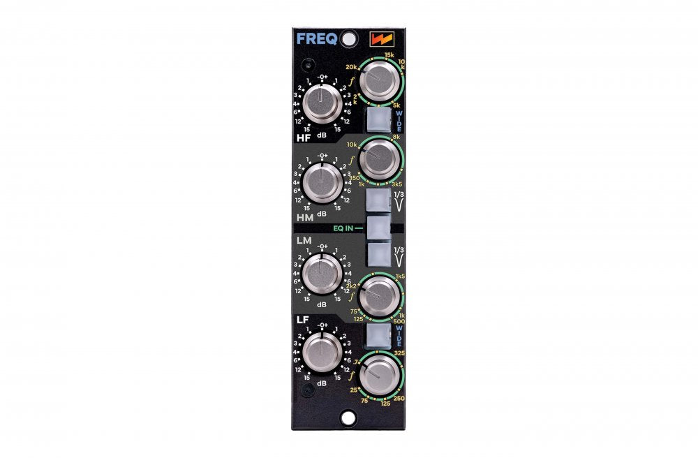 Front panel of an audio equalizer module with multiple knobs and buttons for adjusting frequency bands.