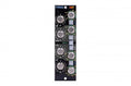 Front panel of an audio equalizer module with multiple knobs and buttons for adjusting frequency bands.