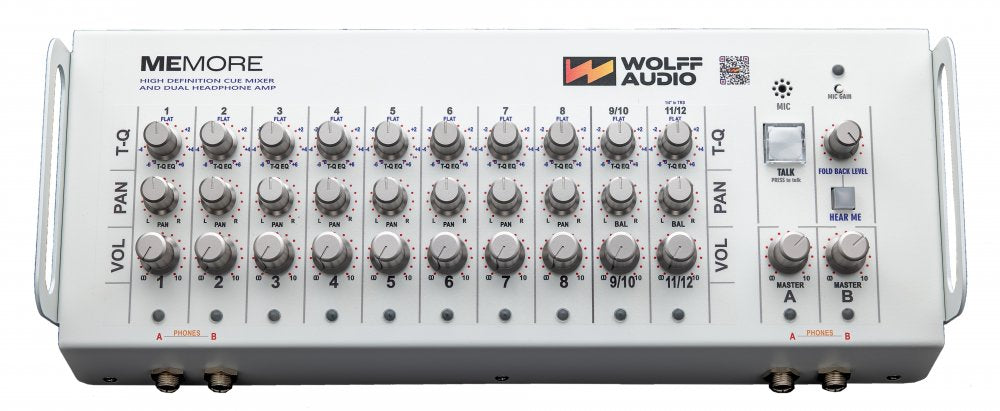 White audio cue mixer with multiple volume and pan knobs, dual headphone amps, and microphone controls.