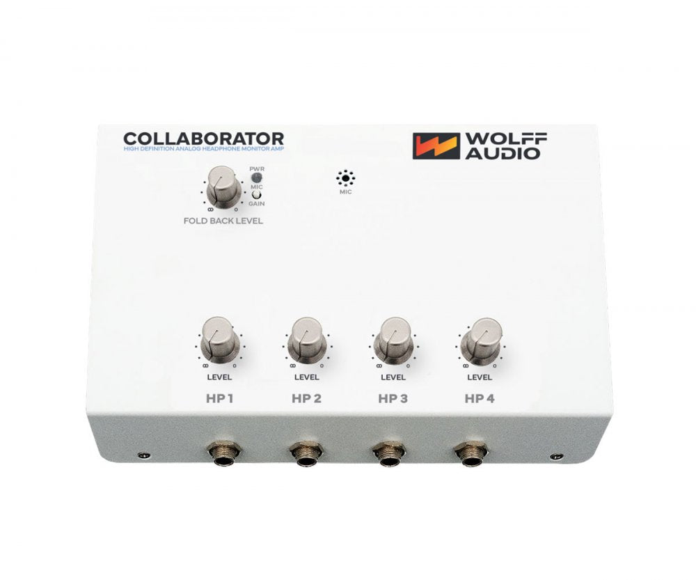 White audio device with four headphone level knobs, four 1/4 inch jacks, and one fold back level control knob.