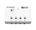 White audio device with four headphone level knobs, four 1/4 inch jacks, and one fold back level control knob.