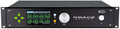 Front panel of a black audio interface with screen, rotary knob, buttons, and power button.
