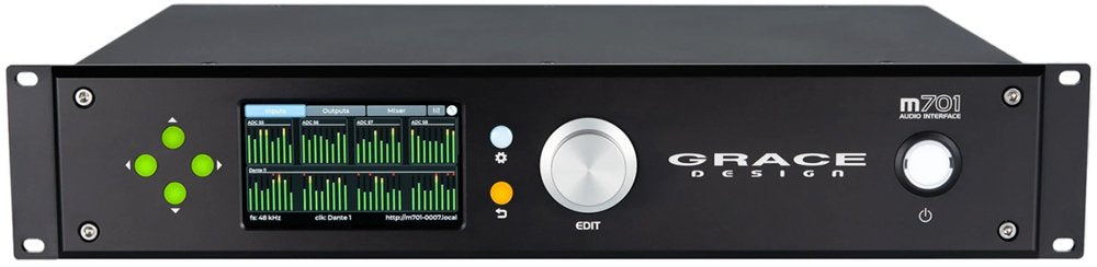 Front panel of a black audio interface with screen, rotary knob, buttons, and power button.