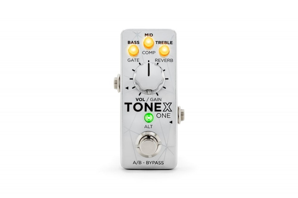 Small white guitar effect pedal with one large knob, three yellow LED indicators, one green LED, and a footswitch.