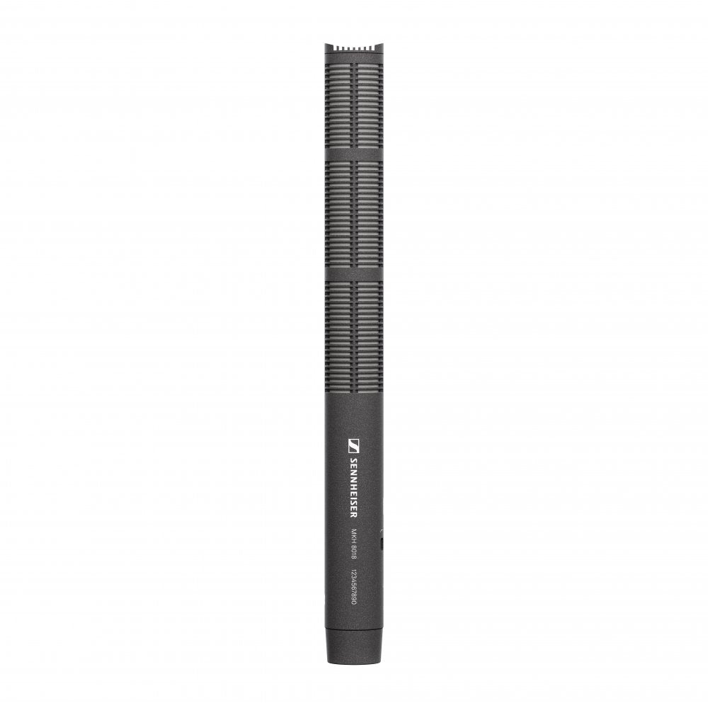 Black cylindrical microphone with grille and SENNHEISER branding visible from front view.