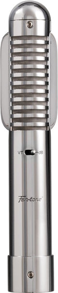Silver metal microphone with horizontal grille and a slider switch labeled VT and +dB on the front.