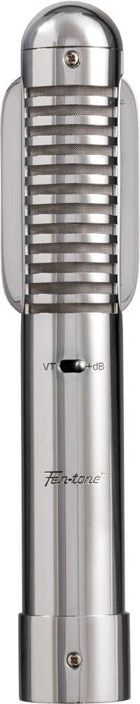 Silver metal microphone with horizontal grille and a slider switch labeled VT and +dB on the front.