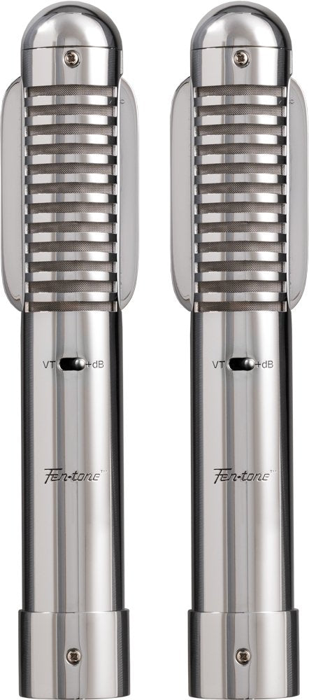 Two identical metallic microphones with a grille top and a small black switch on the front.