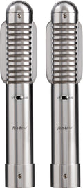 Two identical metallic microphones with a grille top and a small black switch on the front.