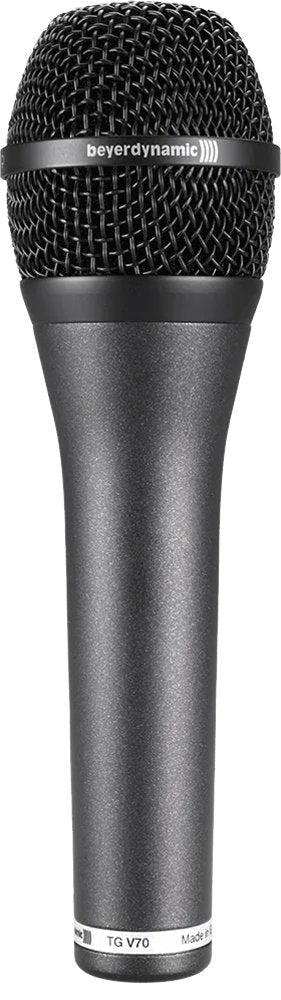 Black handheld microphone with metal mesh grille and beyerdynamic branding on the grille ring.