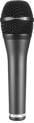 Black handheld microphone with metal mesh grille and beyerdynamic branding on the grille ring.
