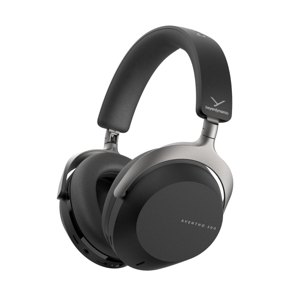 Black over-ear headphones with padded headband and ear cushions, labeled Beyerdynamic Aventho 300.